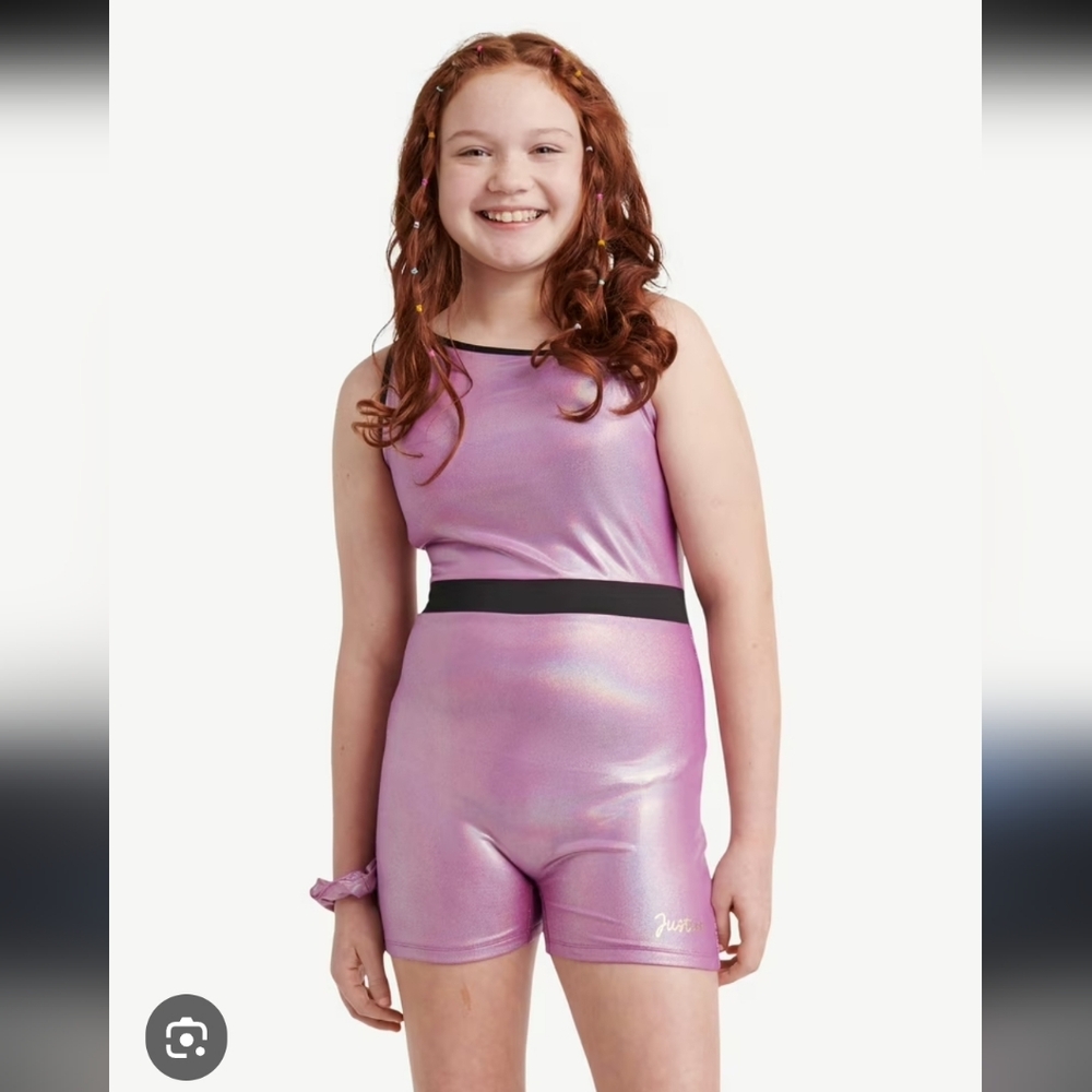 Justice Dance Gym Purple Foil Biketard w/ Scrunchie Sizes Large or XL Gymnastics